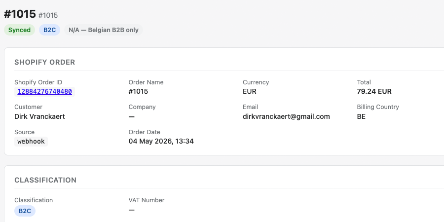 Order detail screen showing classification, VAT, Peppol status and Billit invoice link