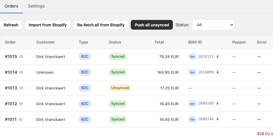 Orders overview screen showing every Shopify order and its Billit sync status