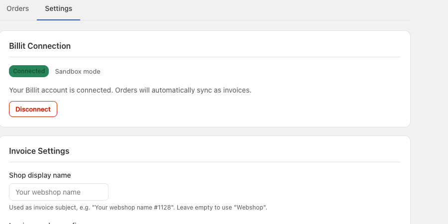 Settings screen with Billit API key, invoice prefix, due days, language and Peppol toggle
